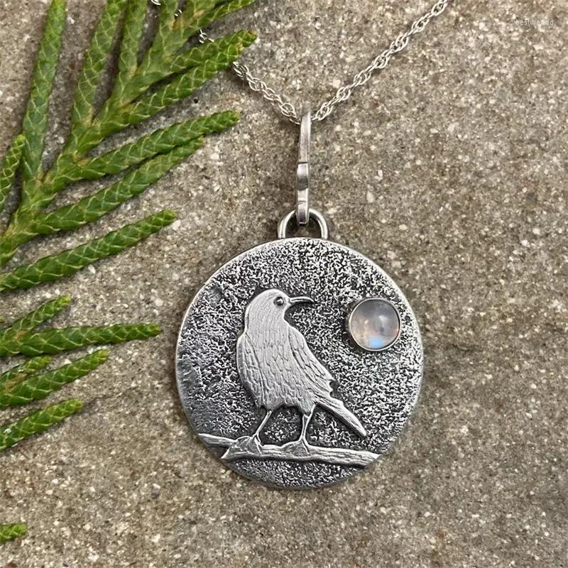 

Pendant Necklaces Animal Necklace Women Men Creative Vintage Inlaid Moonstone Moon Branches Crow Anniversary Gift Jewelry