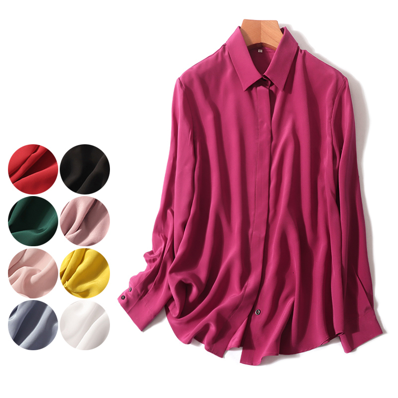 

Women's Blouses Shirts 100% natural silk Blouses Multi-color Office Long Sleeve Real Silk Blouse Tops for women Office Wear Shirts work Blouses 230317, Red