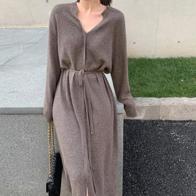 

Casual Dresses Vintage Women Knitted Dress Autumn Winter Brief V-neck Warm Drawstring Lace-up Loose Midi Female Sweater 2023 MT202, Beige