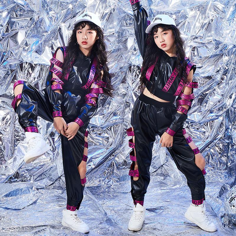 

Stage Wear Modern Children Jazz Dance Costume Girls Hip Hop Black Pu Leather Kids Street Dancing Performance Tide 2 Pcs Set