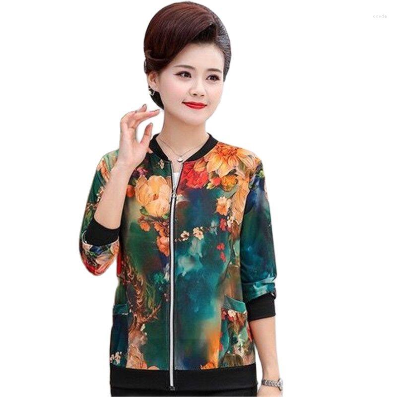 

Women's Jackets Middle-Aged Female Jacket 2023 Imitate Silk Spring Summer Thin Coat Women's Zipper Baseball Uniform 5XL A, Flower 7