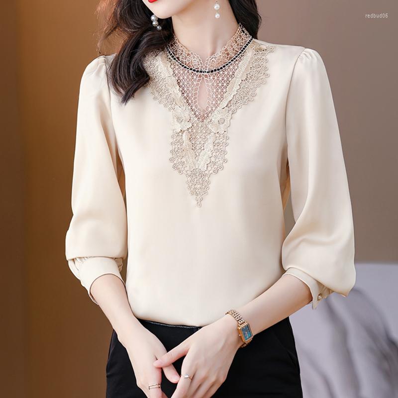 

Women's Blouses Elegant Long Sleeve Blouse Women 2023 Casual Loose Lace Silk Shirt Hook Hollow Tops Female Clothing Blusas 22769, Apricot