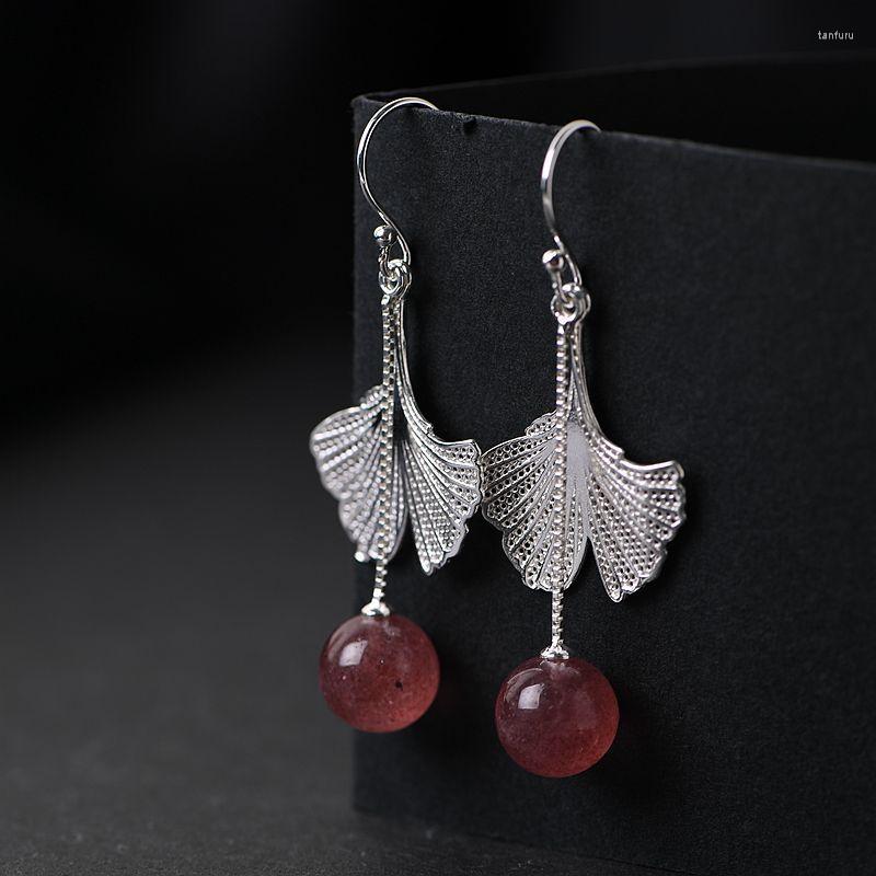 

Dangle Earrings FNJ Strawberry Quartz Tassel 925 Silver Original Pure S925 Sterling Drop Earring For Women Jewelry