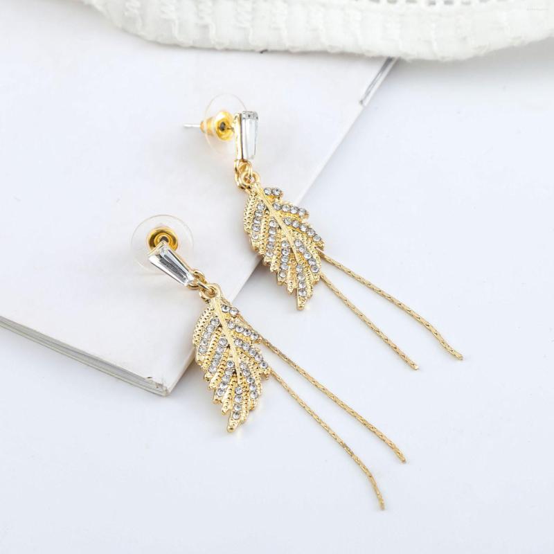 

Dangle Earrings S925 Silver Needle Temperament Golden Leaf Micro-set Tassel Niche Design Long All-match Thin