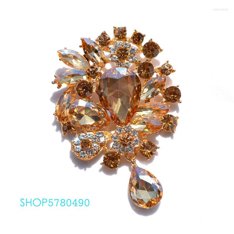 

Brooches Gold Color Rhistone Large Elegant Brooch For Women Bridal Crystal Pin Champagne Garments Accessories Lady Fashion Jewelry