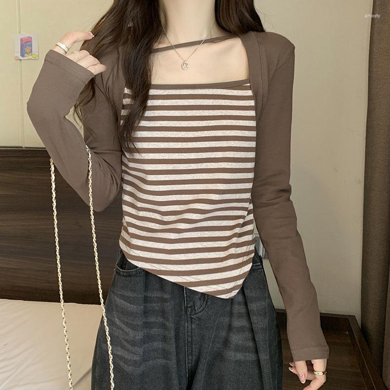

Women's T Shirts Square Collar Long Sleeve Tshirts For Women Autumn Cotton Striped Patchwork Crop Top Shirt Korean Tee Femme, Black