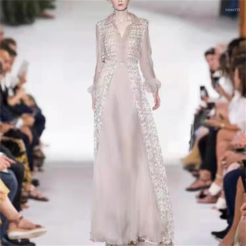 

Casual Dresses High Quality Runway Designers For Women 2023 Summer Elegant Pink Floral Embroidery Maxi Dress Long Sleeve Vestido