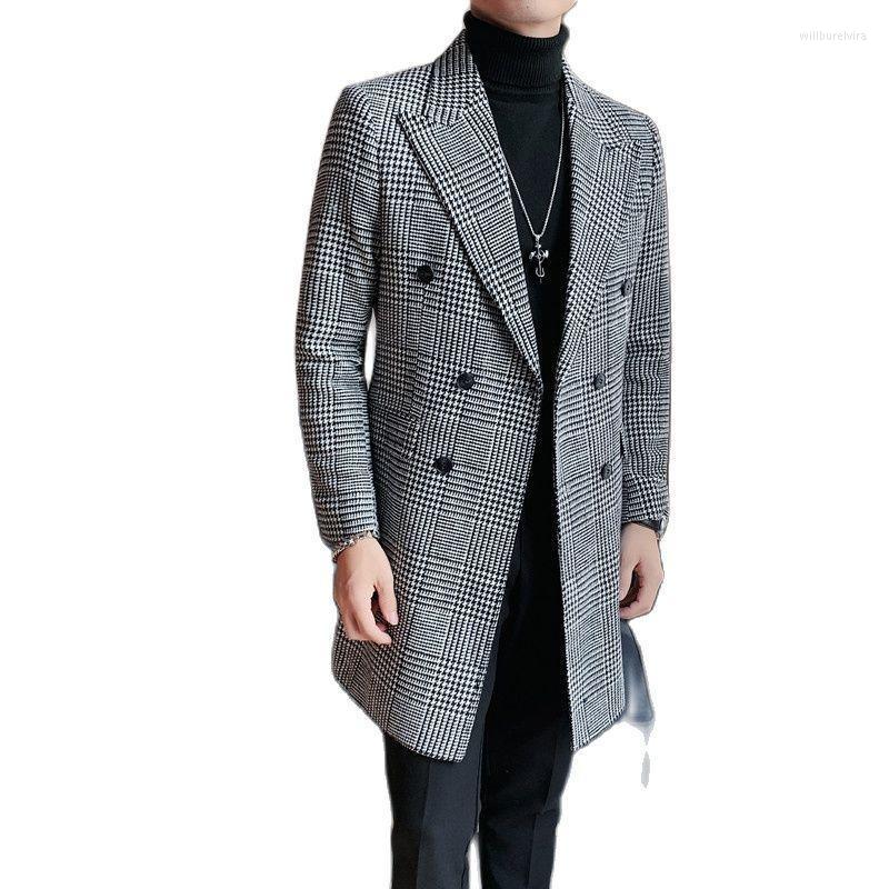 

Men's Wool & Blends 2023Autumn And Winter Mid-length Woolen Coat Plaid Suit Jacket British Leisure Will22, Gray