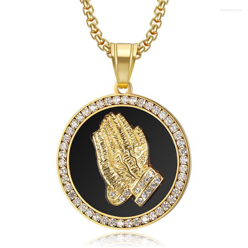 

Pendant Necklaces Hip Hop Bling Iced Out Rhinestone Gold Silver Color Stainless Steel Praying Hand Round Pendants Necklace For Men Rapper