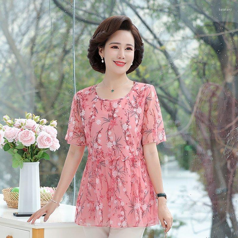 

Women's Blouses Women O-Neck Tops Summer Casual Short Sleeve Elegant Floral Print Pleated Chiffon Shirts 2023 Middle Age 3XL 4XL, Blue