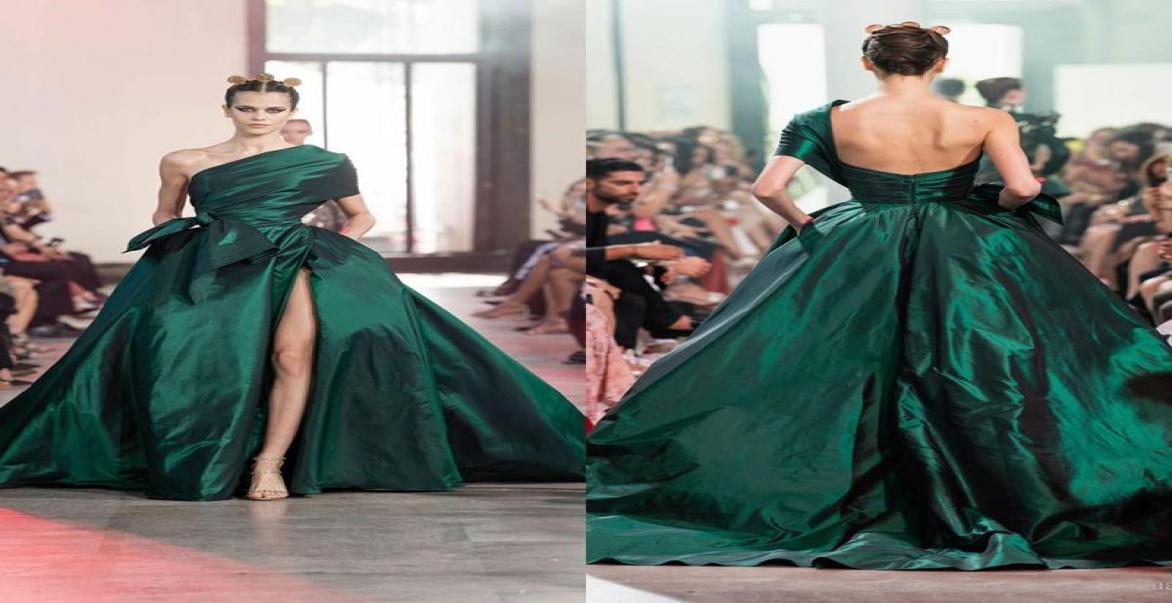 

ELIE SAAB Dark Green One Shoulder A Line Evening Dresses Backless Sweep Train Front Split Red Carpet Dress Ruffle Formal Party Gow5935613