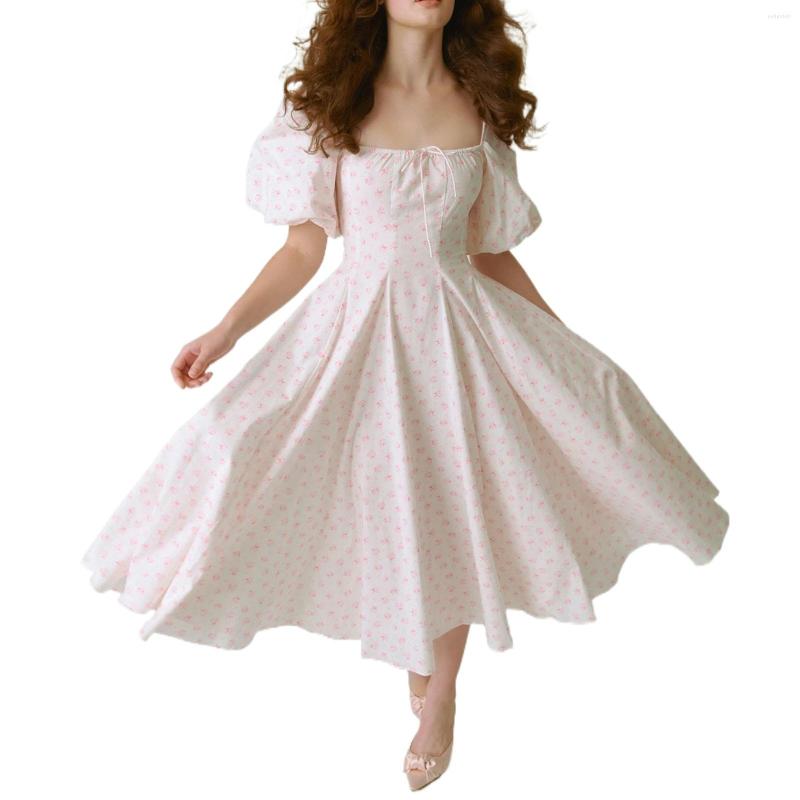 

Party Dresses Women Casual Dress Short Puff Sleeve Plain/Floral Square Neck High Waist Ladies Summer Long