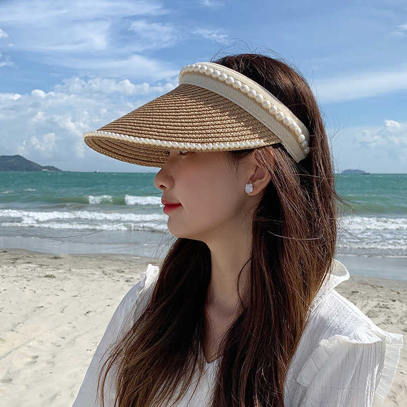 

Summer Hats Caps Men's Women's Summer South Korea Pearl Beach Straw Hat Female hollow top sunshade duck tongue sunscreen hat straw woven hat, Pearl - black