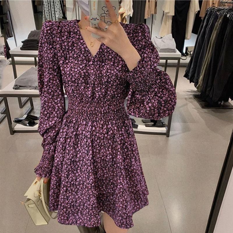 

Casual Dresses Summer Floral For Women Party Elegant Ladies Puff Sleeve V-neck High-waist Elastic Dress A-line Sweet, Orange
