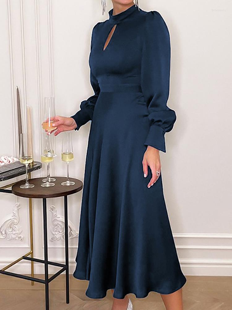 

Casual Dresses Spring Women Satin Silk Midi Dress Sexy Hollow Out Stand Neck Lantern Sleeve Office Lady Elegant High Waist A-line, Navy