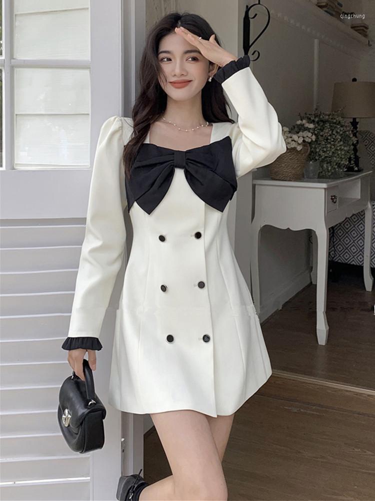 

Casual Dresses Korean Fashion Square Collar Double-breasted Bubble Sleeve Short For Women Sweet Collision Color Bow Temperament Dress, Black
