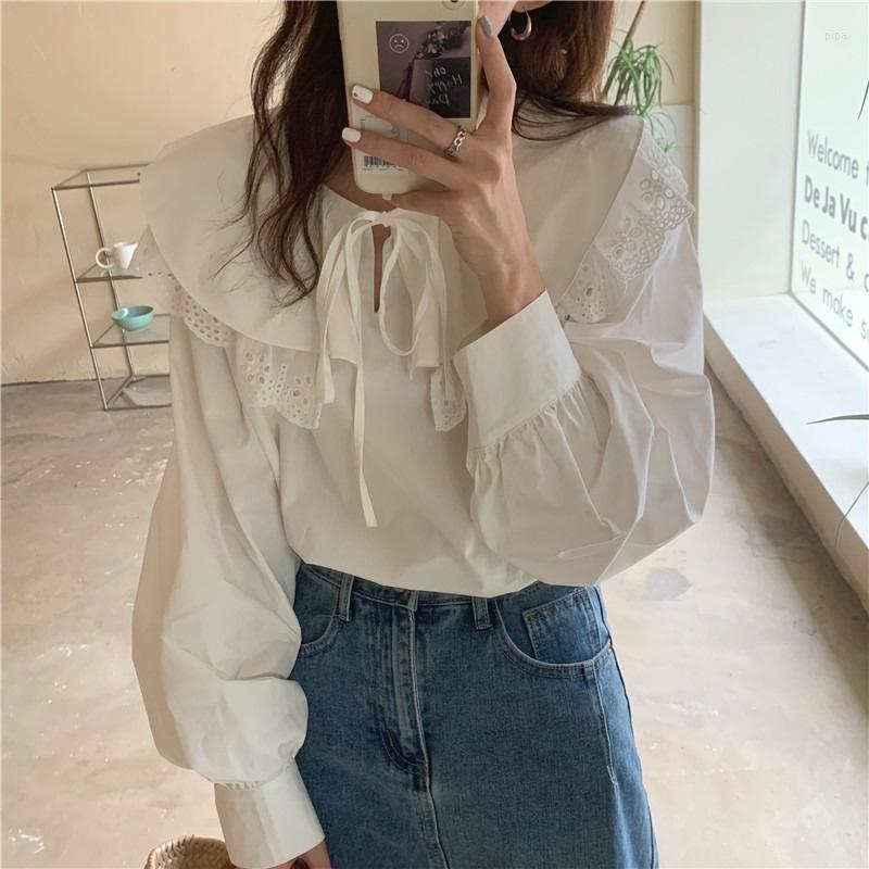 

Women's Polos Korean Chic Polo Shirt Early Autumn French Lace Stitching Large Lapel Up Single Breasted Loose Long Sleeve White Blouse
