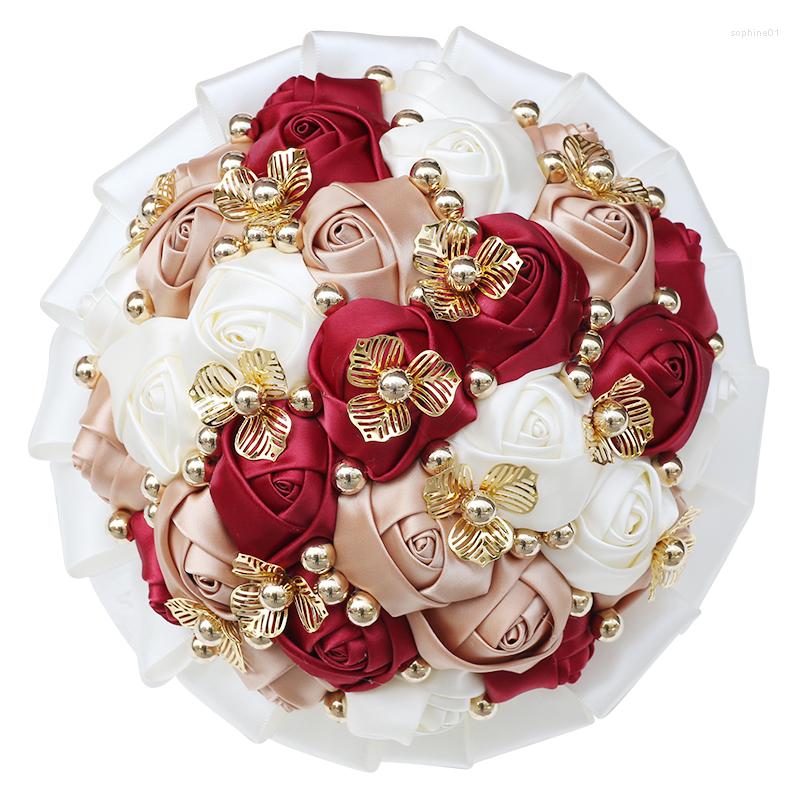 

Wedding Flowers Brides And Bridesmaids Holding Golden Pearls Rhinestones Satin Roses DIY Bouquet Supplies W305