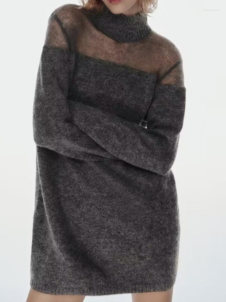 

Casual Dresses 2023 Women Sexy Transparent Patchwork Sweater Dress Long Sleeve Turtleneck Female Autumn Winter Mini, Dark grey