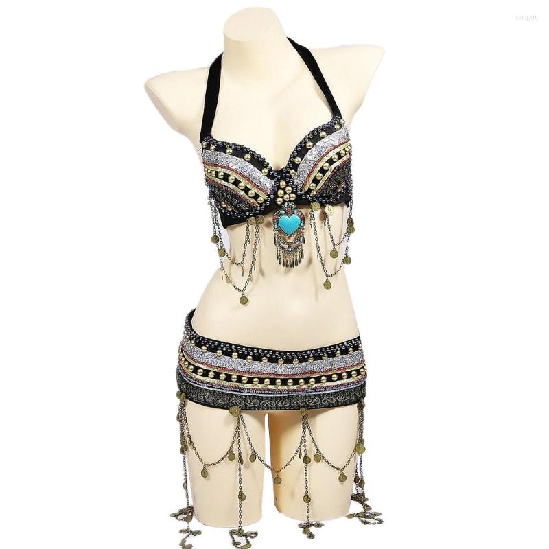 

Stage Wear Size S-XL Beaded Outfit Women Tribal Belly Dance Costume 2 Pieces Set Zari Bra With Large Pendant Coins Belt For Bellydance, Picture shown