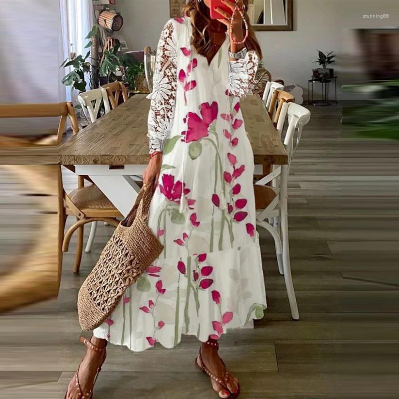 

Casual Dresses Boho Loosen V Neck Tassel Long Dress 2023 Spring Floral Print Pleated Party Maxi Women Embroidery Lace Sleeve Summer, 19 light blue