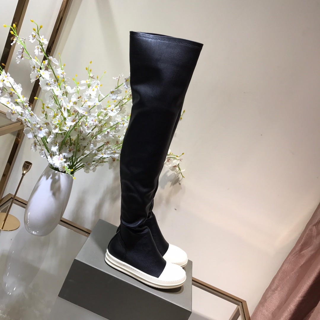 

Genuine Leather Designer Women Knee Boots Rick Owen Booties Shoes Platform Boot Shoe Booties Autumn Winter Round Toe Slip Shoes