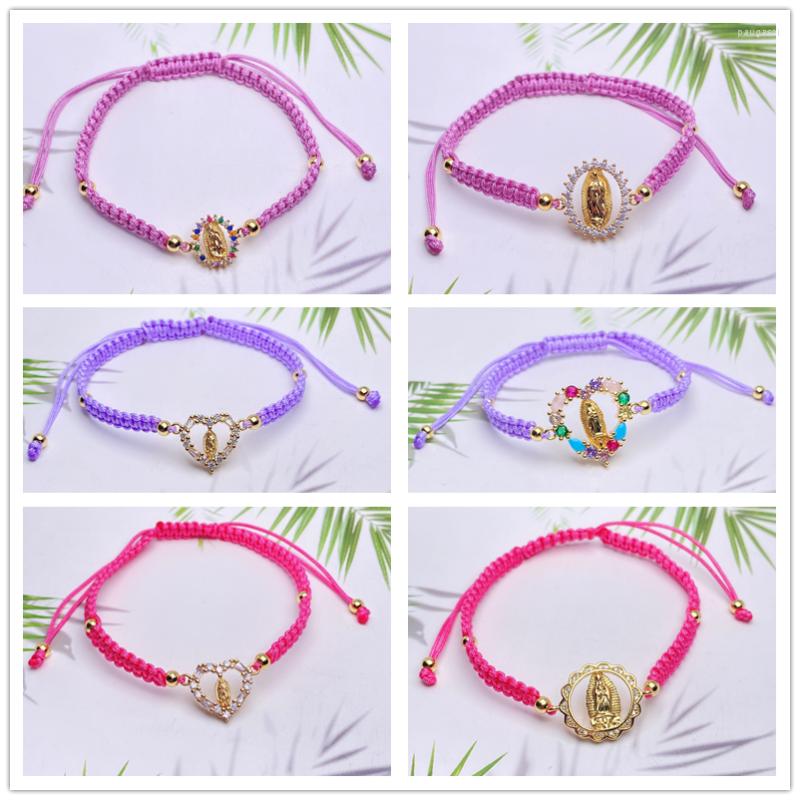 

Strand Dainty Gold Copper Virgin Mary Rainbow CZ Crystal Charms Women Men Cute Sun Flower Zircon Braided Slide Knot Friendship Bracelet