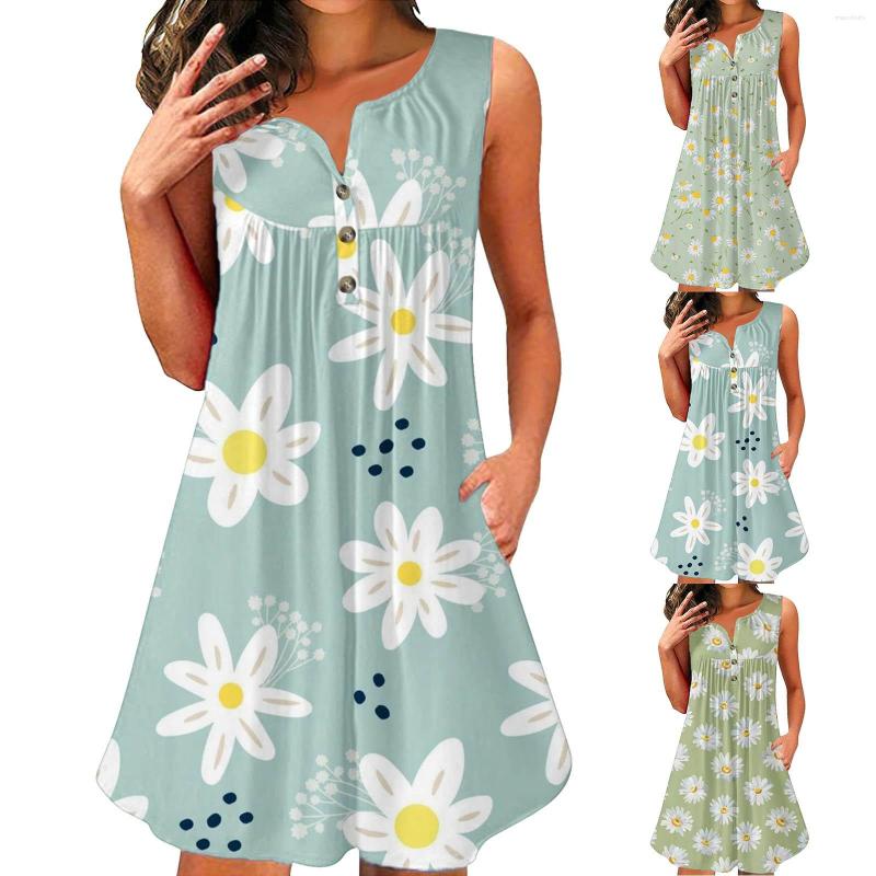 

Casual Dresses Lady Summer Dress Womens Fashion Sleeveless Round Neck Button Short Print Pocket Halter For Women, Green