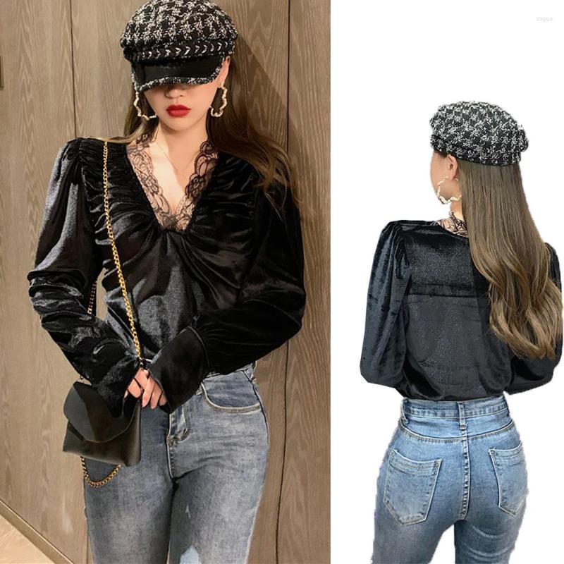 

Women's Blouses Sexy Women Long-sleeved Ruffle Blouse Gold Velvet Fashion Shirt Lace Stitching Folds Thin Bottoming Tunic Tops, Picture shown