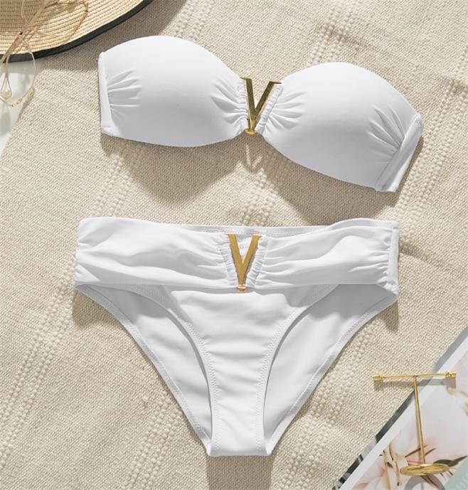 

White push up woman swimsuit Summer beach sexy bikini set solid swimming for women swimwear Bandeau bathing 2202269000341