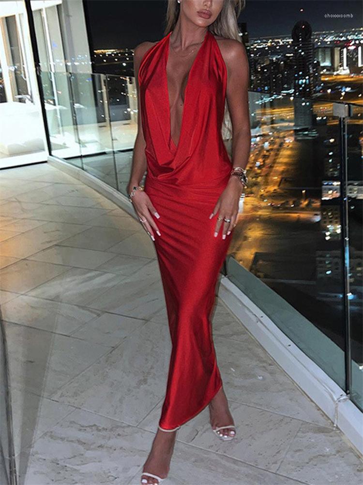 

Casual Dresses Tossy V-Neck Satin Slim Vestidos For Women Red Halter Backless Sexy Evening Party Clubwear Ladies Bodycon Maxi Dress, Gray