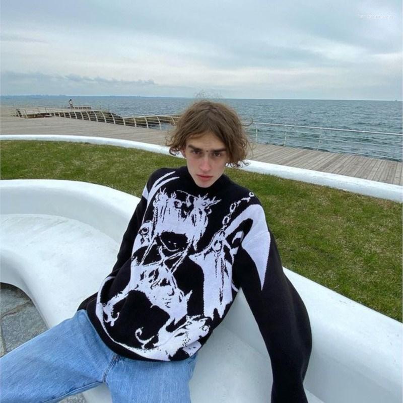 

Aesthetic Goth Men loose knitted sweater cartoon print O-neck long-sleeved Fairy grunge Jumpers Y2K streetweat unisex pullover, Black