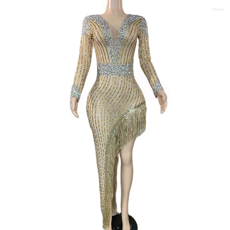 

Stage Wear Sexy Fringes Rhinestones Backless Dress Women Birthday Celebrate Party Evening Female Singer Dance Host