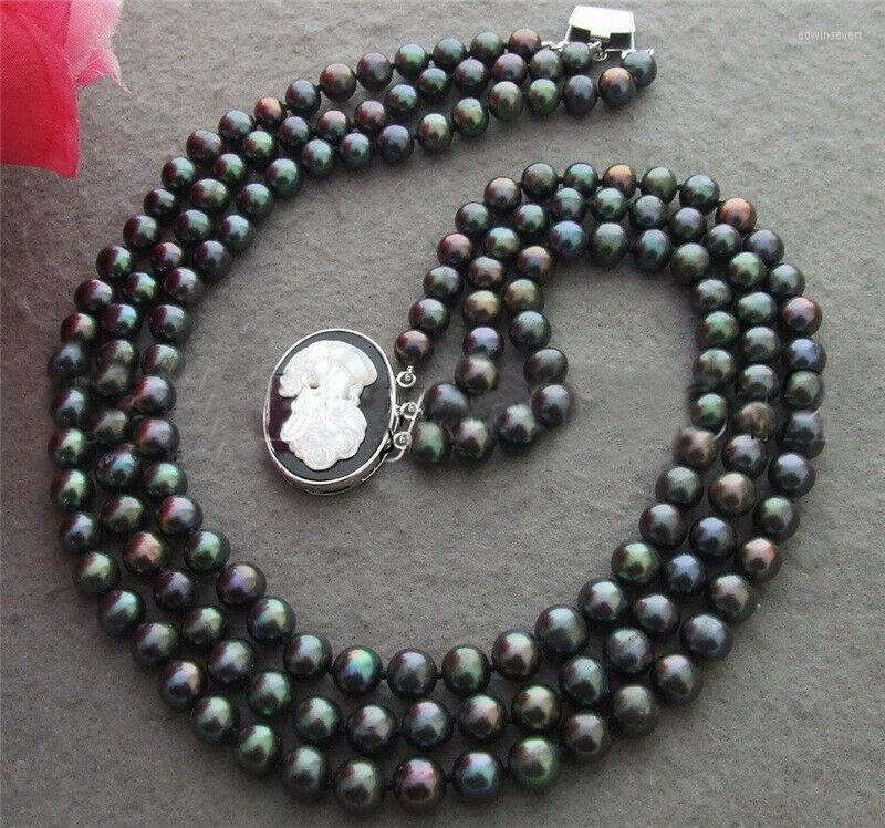 

Chains 3 Rows 8-9mm Black Cultured Freshwater Pearl Necklace Shell Clasp 20"
