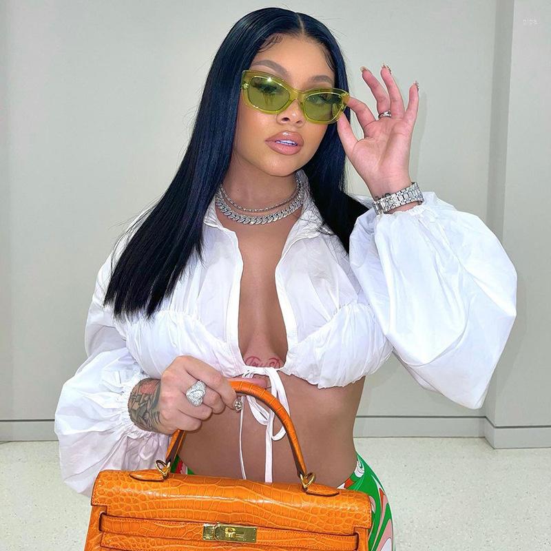 

Women' Polos 2023 Autumn Style Bubble Sleeve Long Bandage Chest Short Sexy Shirt, White