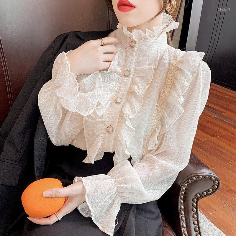 

Women's Blouses Women 2023 Spring Autumn Retro Long Sleeve Sweet Lace Stand Collar Loose Shirt Female Ruffled Casual Blusas K44, Apricot