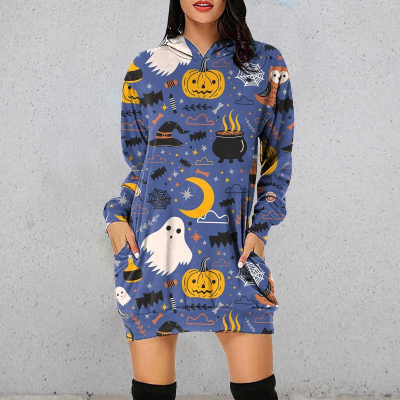 

Casual Dresses FENGQIYUNHAI Halloween Print Women Long Sleeve Midi Dress Autumn Winter Loose Sweatshirt Party Hoodies Streetwear, Beige