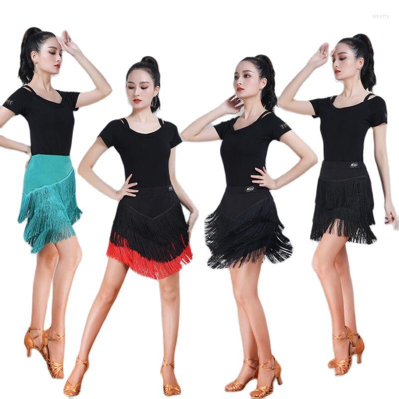 

Stage Wear Adult Latin Dance Top Short Skirt Bottom Dress Women's Four Seasons Tassel Practice Set, Black top
