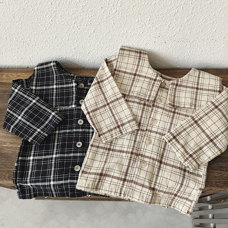 

Kids Shirts Autumn Baby Blouse Toddler Linen Navy Collar Shirt Long Sleeve Plaid Print Button Tops Tee Children Clothing Kids Girls Camisas 230317, Beige