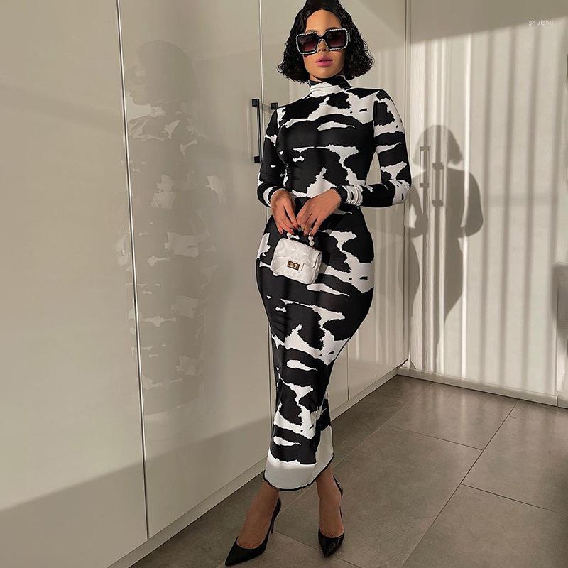 

Casual Dresses Women Fashion Autumn Long Sleeve Printed Bodycon Pencil Dress Streetwear Sexy Half High Collar Party Evening Fall Clothes, Black