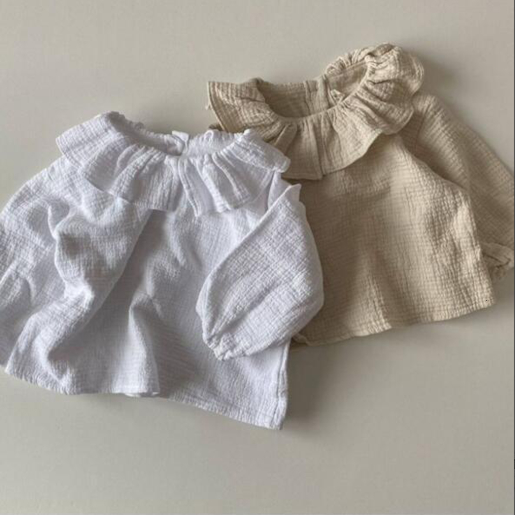 

Kids Shirts White/beige born Baby Girl Cotton Shirt Ruffled Crew Neck Long Sleeve Linen Shirt Blouse Toddler Girls Soft Casual Tops 230317