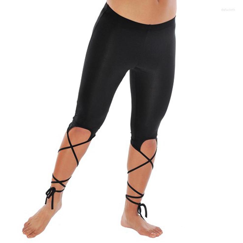 

Stage Wear Spandex Stretch Leggings Capri Pants With Criss-Cross Laces Belly Dance Practice Accessories, Picture shown