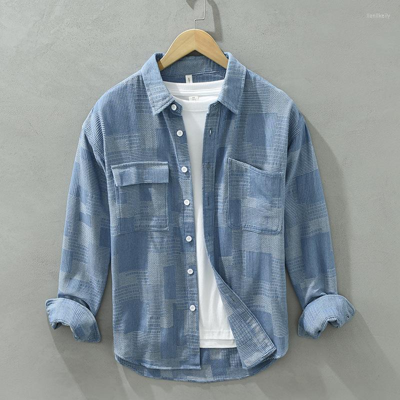 

Men's Casual Shirts Japanese Patch Long-sleeved Shirt Men's Fashion Personality Loose Literary Pocket 2023 Spring Autumn Denim Jacket, Light blue