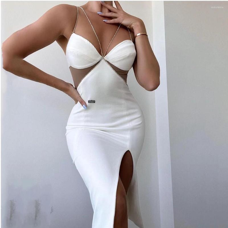 

Casual Dresses White Bandage Dress Sexy Strappy Crystal Side Split Bodycon Mini 2023 Designer Celebrity Evening Party