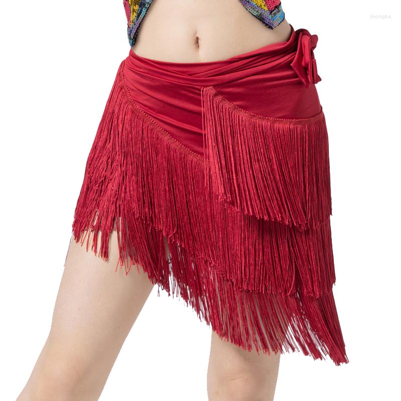 

Stage Wear Latin Dance One Piece Hip Wrap Costume Accessories Elastic Scarf Belt Stretch Mini Skirts Fringes, Black