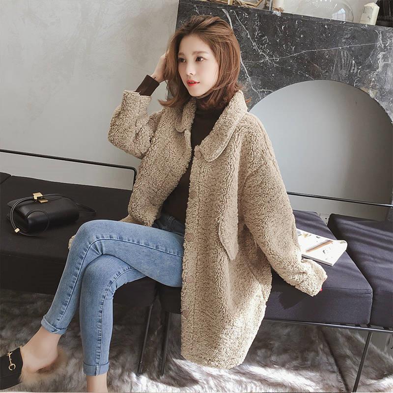 

Women's Wool & Blends Women Coats And Jackets Solid Single Breasted Korean Casual Coat For Winter Midi Long Faux Lambs Warm ManteauWomen's, Khaki