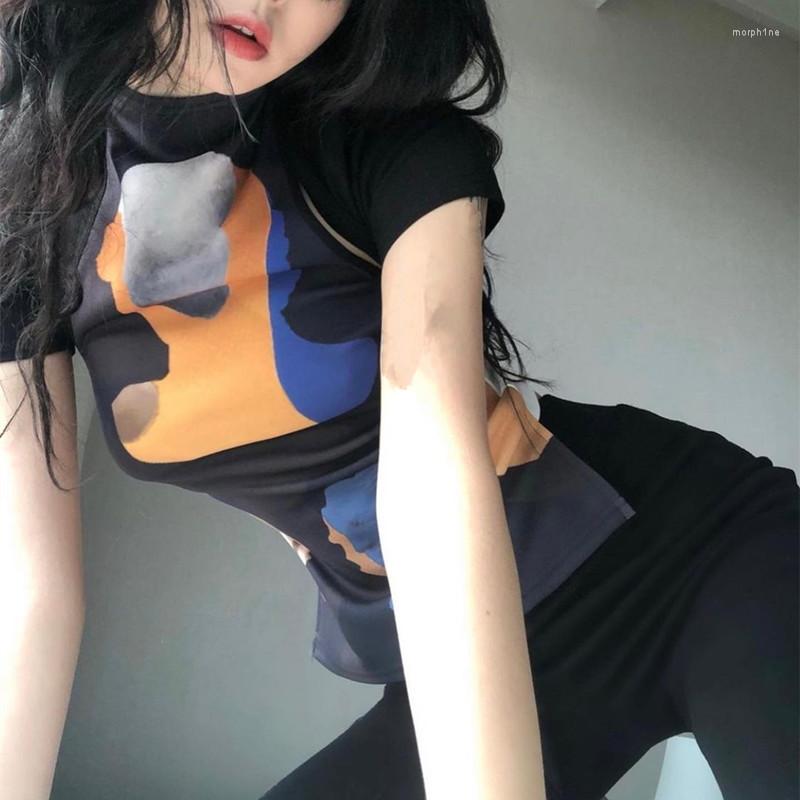 

Women' T Shirts Women Summer T-shirt Patchwork Cutout Fake Collar Top Fashion Short Sleeve Portrait Graphic Slim Fit Black T-Shirts