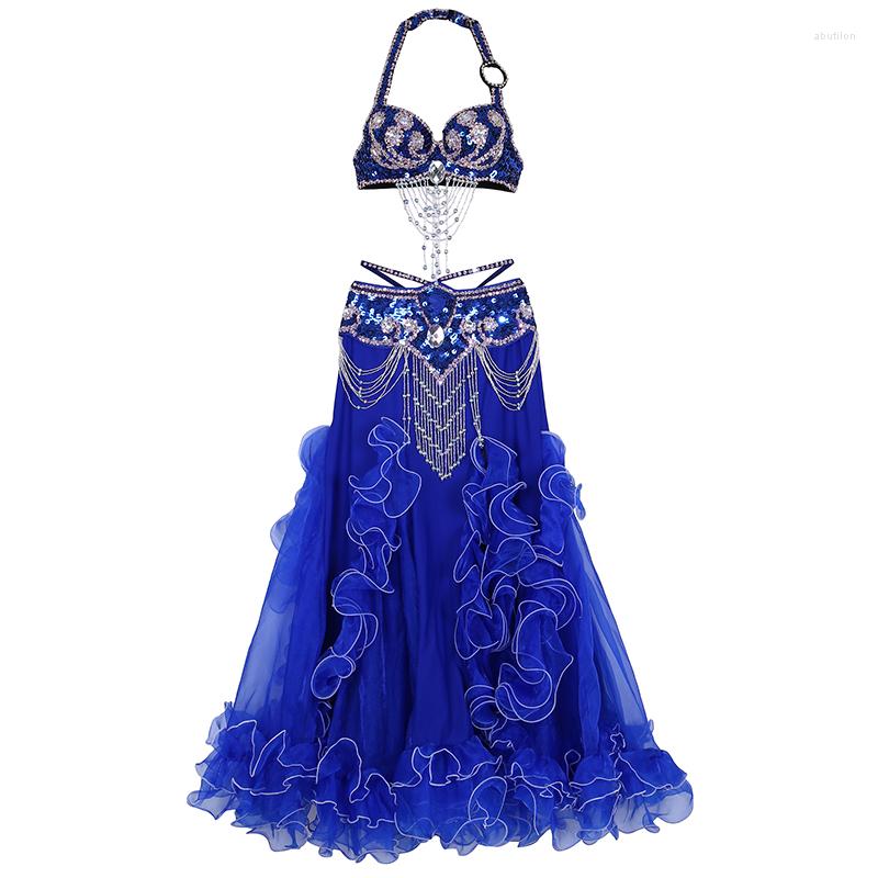 

Stage Wear Women Performance Oriental Belly Dancing Clothes 3-piece Suit Bead Bra Belt Skirt Dance Costume Set (Customizable), Fuchsia