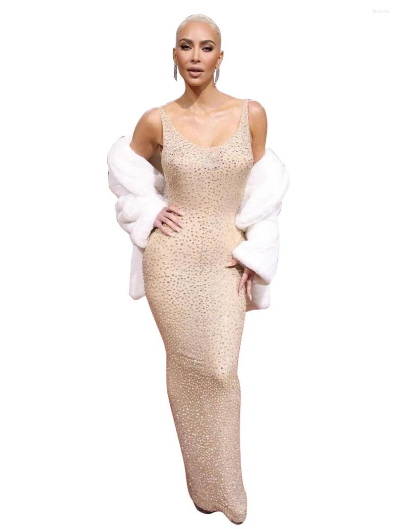 

Casual Dresses Szkzk Sexy Tight Fitted Drill Long Dress Women Night Club Outfits Party Tank V-neck Evening Bodycon, Apricot
