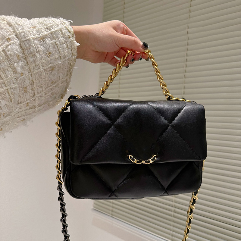

Womens 19 Collection Lambskin Black Quilted Bag Classic Flap Purse With Serial Number Gold Metal Hardware Matelasse Chain Turn Lock Crossbody Shoulder Handbag 26CM, Box